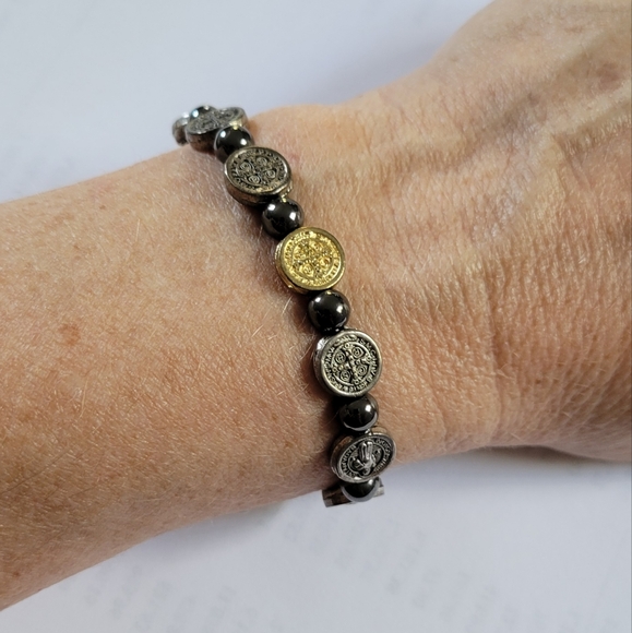 Saint Benedict Stretch Bracelet, Hematite & silvertone/goldtone Metal Beads. - Picture 3 of 4
